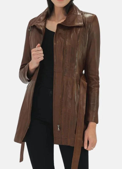 Women's 3/4 Length Belted Leather Brown Trench Coat