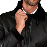 Men's Black Shirt Collar Shearling Lambskin Biker Jacket