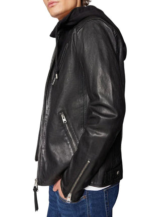Men's Black Hooded Leather Bomber Jacket