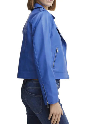 Ladies Real Lambskin Light Blue Moto Jacket