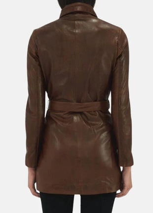 Women's 3/4 Length Belted Leather Brown Trench Coat