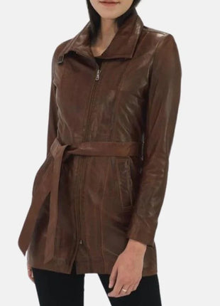 Women's 3/4 Length Belted Leather Brown Trench Coat