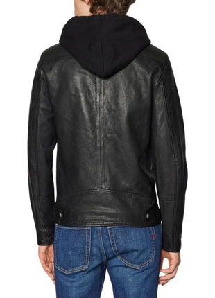Men's Black Hooded Leather Bomber Jacket