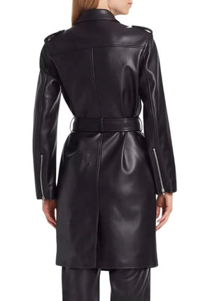 Womens Slim Fit Black Leather Coat With Belt
