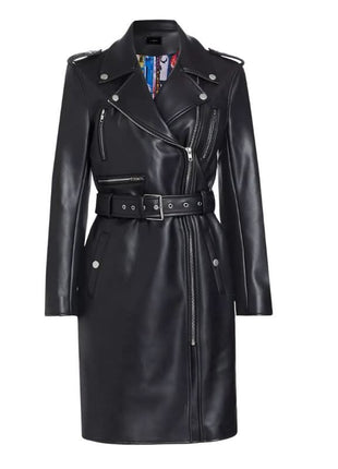 Womens Slim Fit Black Leather Coat With Belt