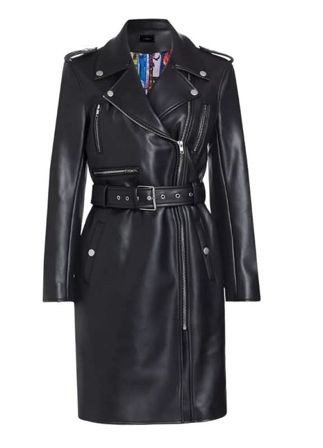 Womens Slim Fit Black Leather Coat With Belt