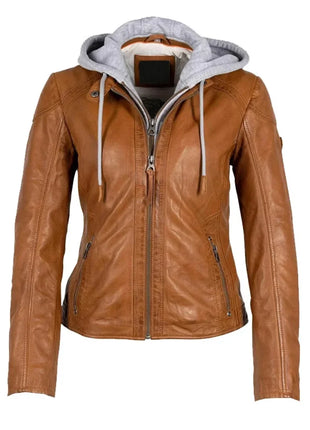 Womens Cognac Brown Leather Motorcycle Jacket with Removable Hood