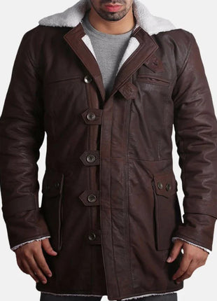 Mens Brown Bane Shearling Leather Coat