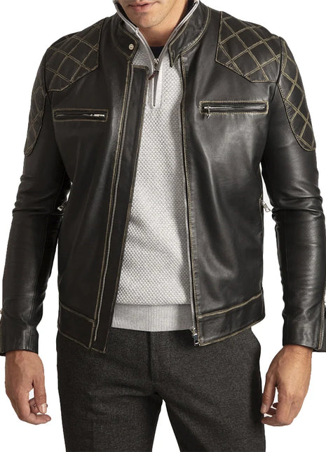 David Vintage Black Leather Biker Jacket Men's