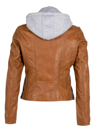 Womens Cognac Brown Leather Motorcycle Jacket with Removable Hood