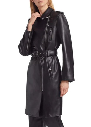 Womens Slim Fit Black Leather Coat With Belt