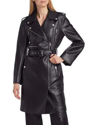 Womens Slim Fit Black Leather Coat With Belt