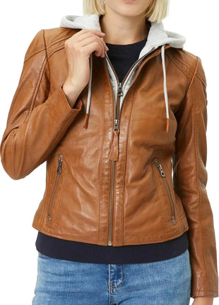 Womens Cognac Brown Leather Motorcycle Jacket with Removable Hood
