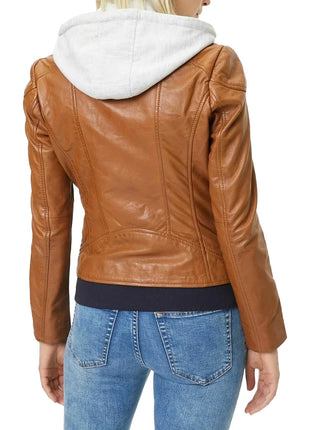 Womens Cognac Brown Leather Motorcycle Jacket with Removable Hood