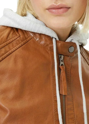 Womens Cognac Brown Leather Motorcycle Jacket with Removable Hood