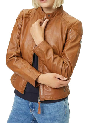 Womens Cognac Brown Leather Motorcycle Jacket with Removable Hood