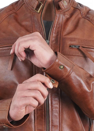 Men's Quilted Shoulders Café Racer Cognac Leather Jacket