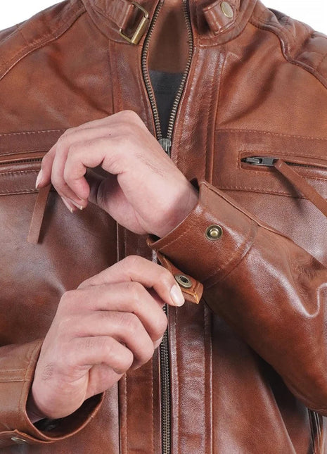 Men's Quilted Shoulders Café Racer Cognac Leather Jacket