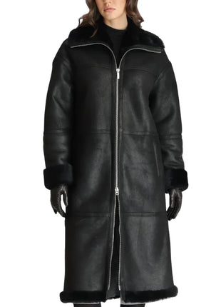 Women’s Full-Length Black Shearling Leather Coat – Ultimate Winter Warmth