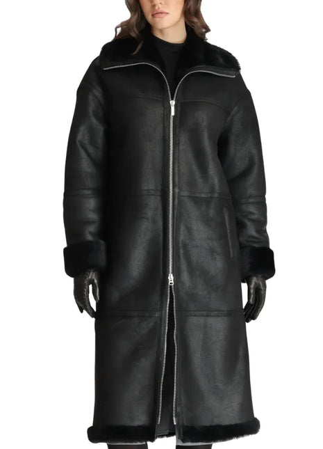 Women’s Full-Length Black Shearling Leather Coat – Ultimate Winter Warmth