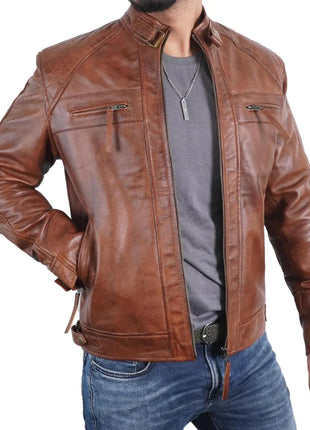 Men's Quilted Shoulders Café Racer Cognac Leather Jacket