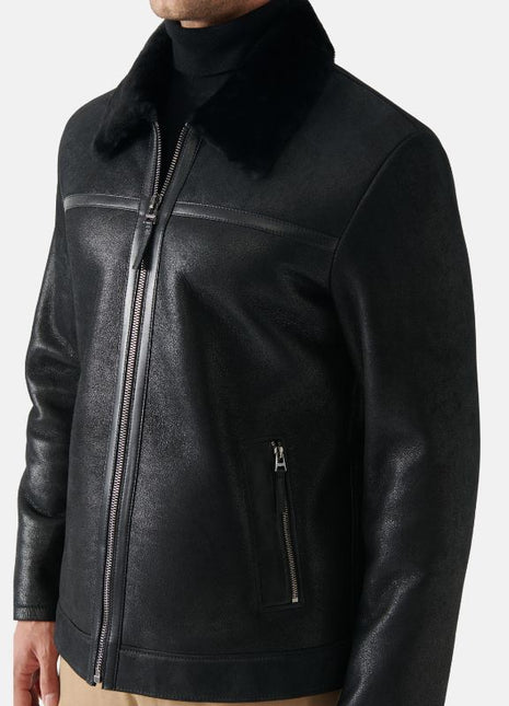 Tony Fur Collar Black Leather Jacket Mens