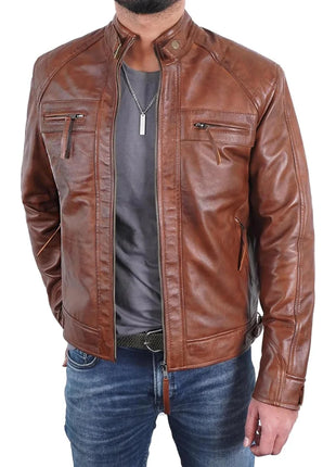 Men's Quilted Shoulders Café Racer Cognac Leather Jacket