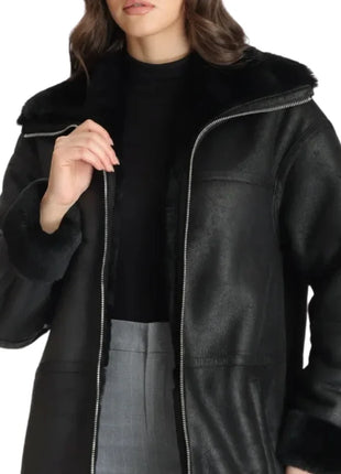 Women’s Full-Length Black Shearling Leather Coat – Ultimate Winter Warmth