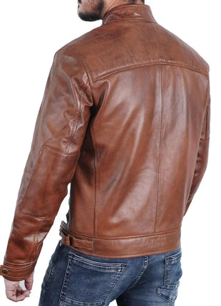 Men's Quilted Shoulders Café Racer Cognac Leather Jacket