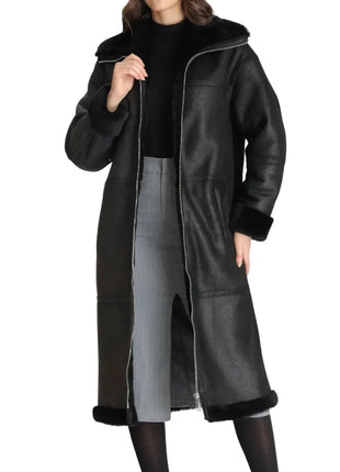 Women’s Full-Length Black Shearling Leather Coat – Ultimate Winter Warmth