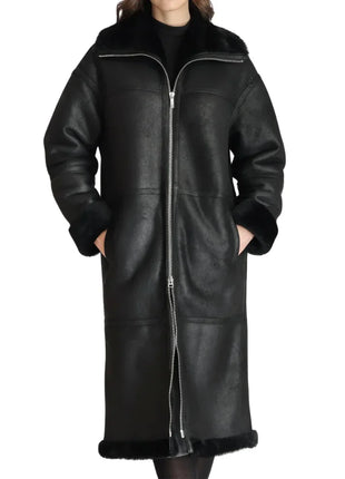 Women’s Full-Length Black Shearling Leather Coat – Ultimate Winter Warmth