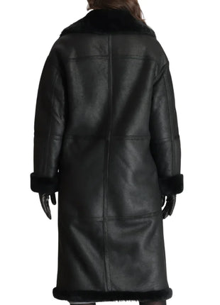 Women’s Full-Length Black Shearling Leather Coat – Ultimate Winter Warmth