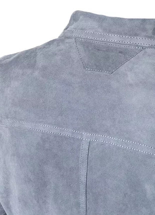 Mens Grey Suede Bomber Jacket With Shirt Style Collar
