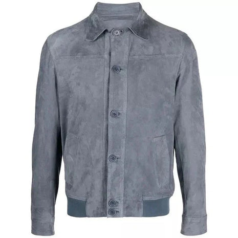 Mens Grey Suede Bomber Jacket With Shirt Style Collar