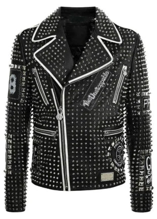 Men's Brando Black and Blue Studded Leather Biker Jacket