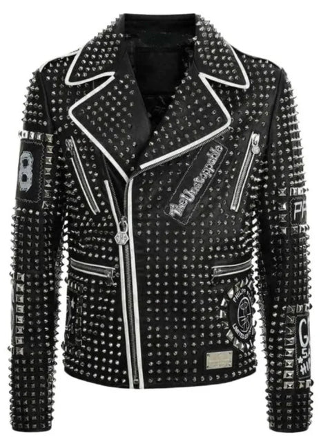 Men's Brando Black and Blue Studded Leather Biker Jacket