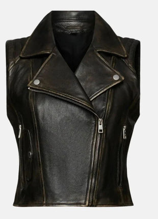 Black Distressed Leather Biker Vest Womens