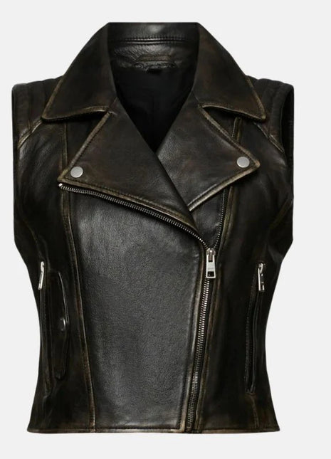 Black Distressed Leather Biker Vest Womens