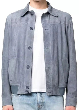 Mens Grey Suede Bomber Jacket With Shirt Style Collar