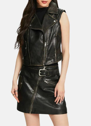 Black Distressed Leather Biker Vest Womens