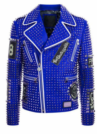 Men's Brando Black and Blue Studded Leather Biker Jacket