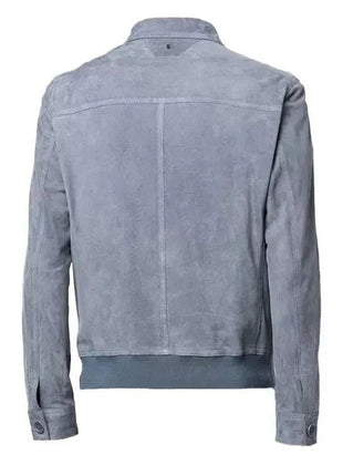 Mens Grey Suede Bomber Jacket With Shirt Style Collar
