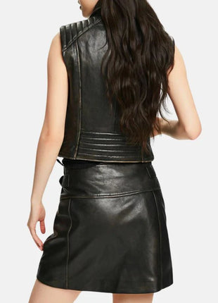 Black Distressed Leather Biker Vest Womens