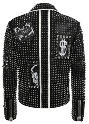 Men's Brando Black and Blue Studded Leather Biker Jacket