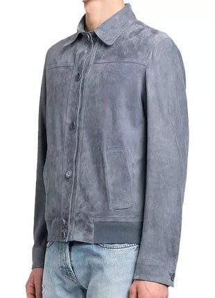 Mens Grey Suede Bomber Jacket With Shirt Style Collar