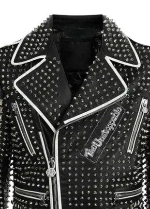 Men's Brando Black and Blue Studded Leather Biker Jacket
