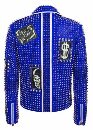 Men's Brando Black and Blue Studded Leather Biker Jacket