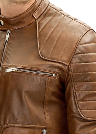 Men's Brown Moto Leather Jacket with Piping Details