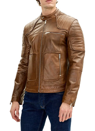 Men's Brown Moto Leather Jacket with Piping Details