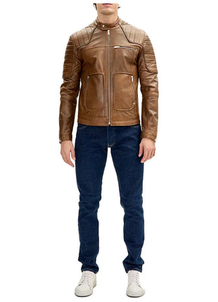 Men's Brown Moto Leather Jacket with Piping Details